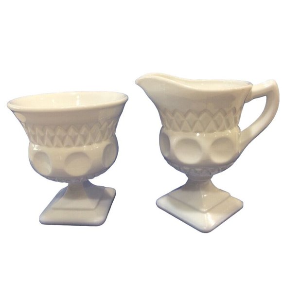 Vintage McKee Plymouth Thumbprint Milk Glass Pedestal Creamer & Sugar - Picture 5 of 5